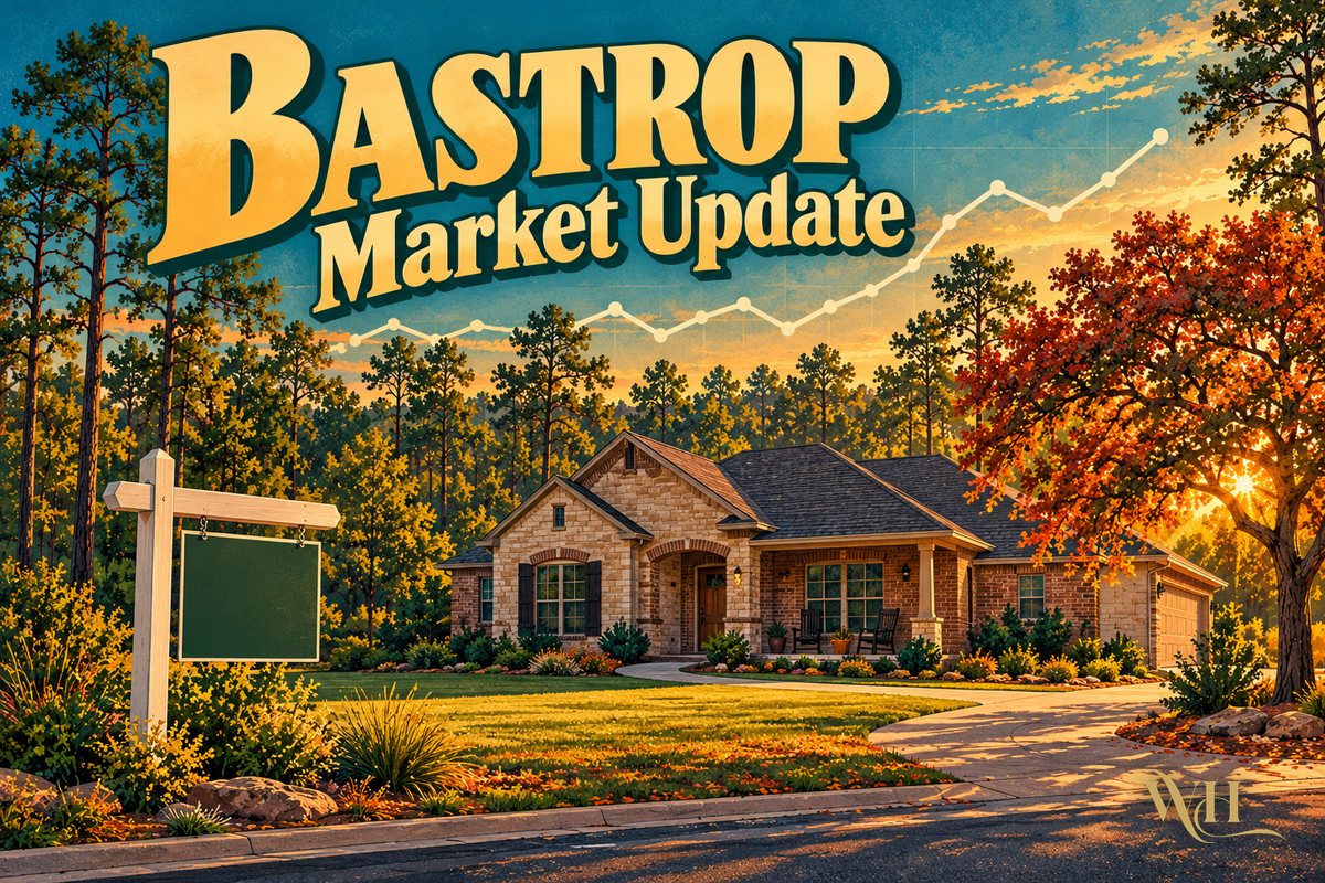 Illustrated poster of a Bastrop home with a for sale yard post and fall trees and the words Bastrop Market Update